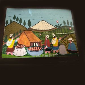 Signed jewelry box by Ecuadorian artist Pedro Y LaQuiche.  Colorful agricultural